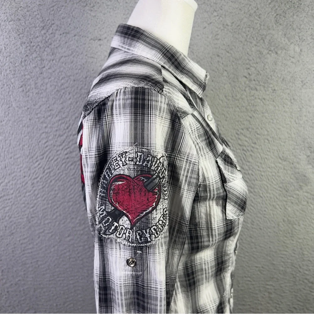 Harley Davison Shirt Womens Small Multicolor Plaid Button Embroidered Heart Y2K - Picture 4 of 10